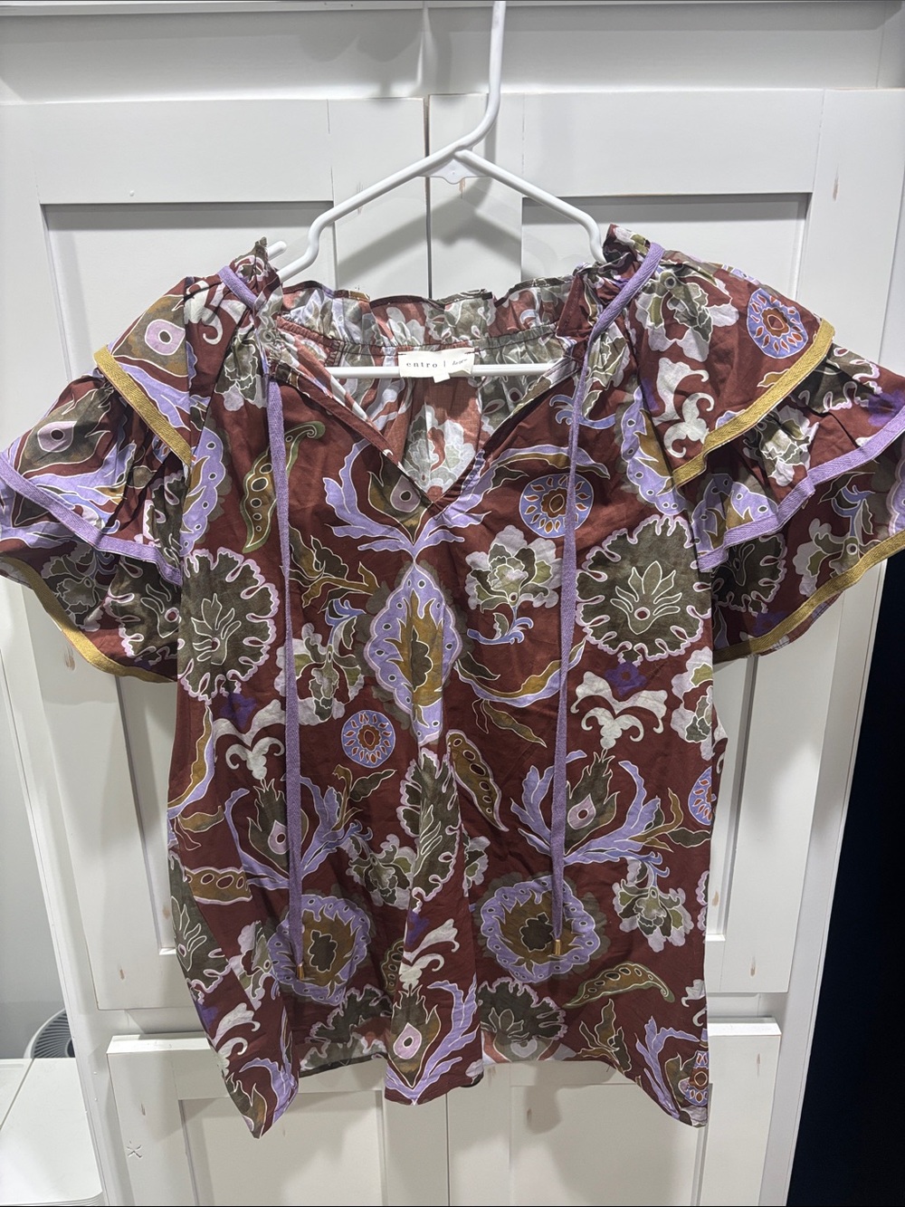 entro Paisley Ruffle Sleeve Peasant Top - Brown, Lavender, Olive